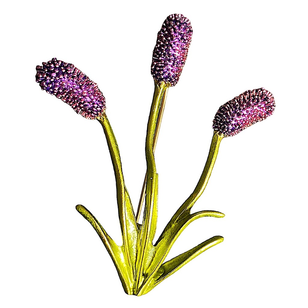 ENAMEL Soft Plum Chromatic Green Floral Cattail Pendant Brooch